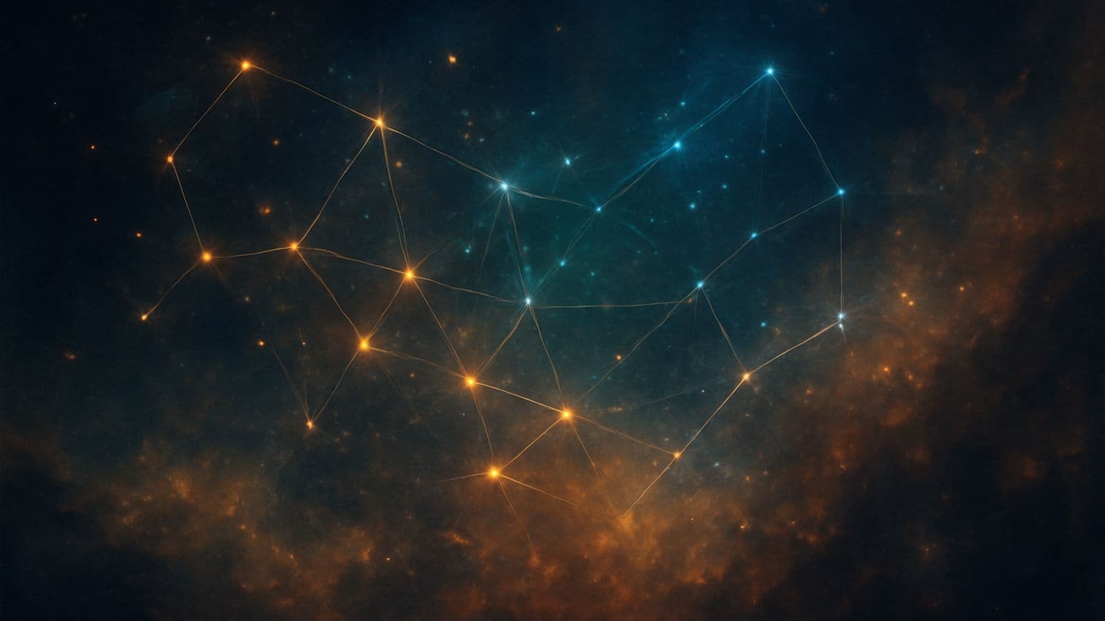 Ein Sternbild aus goldenen und blauen Punkten, durch feine Linien verbunden