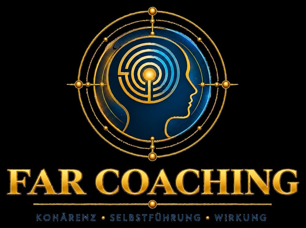 FAR Coaching — Logo: ein Kopf im Profil mit einem Labyrinth als Symbol für innere Ordnung, umgeben von zwei goldenen Ringen, darunter der Schriftzug „Kohärenz · Selbstführung · Wirkung“