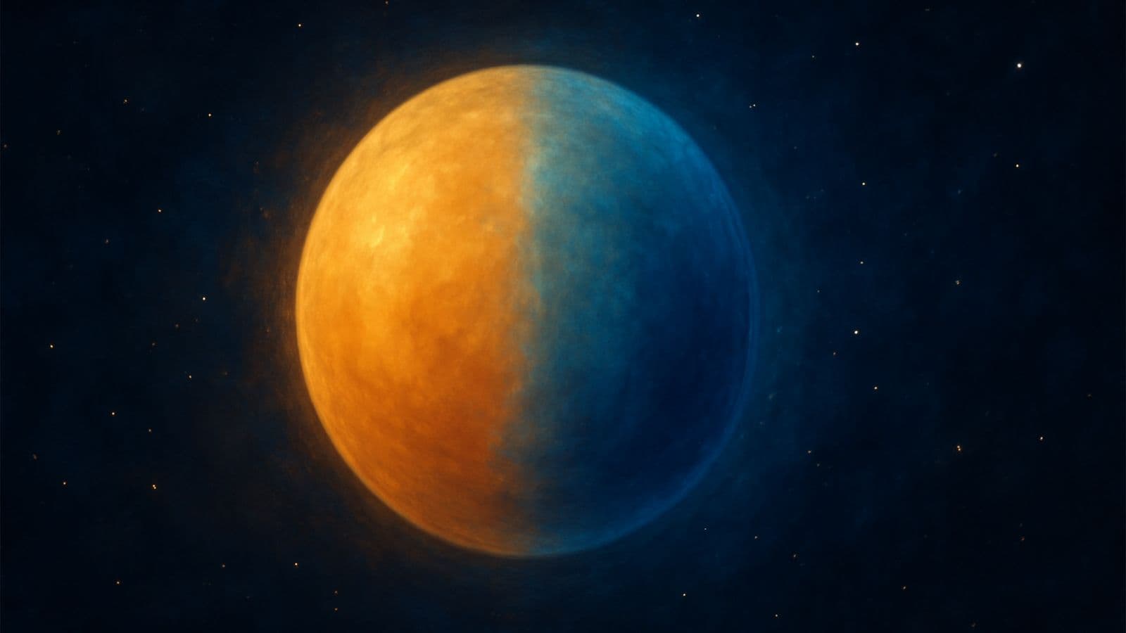 Eine Kugel, halb goldenes Licht, halb blaues Licht, vor dunklem Raum